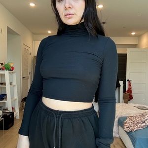 Aritzia Wilfred Jet Black Ribbed Knit Long Sleeve Turtleneck Crop Top